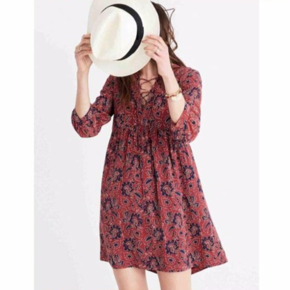 Madewell Silk Red Assam Lace-Up Floral Mini Dress XS - Boho 3/4 Sleeve